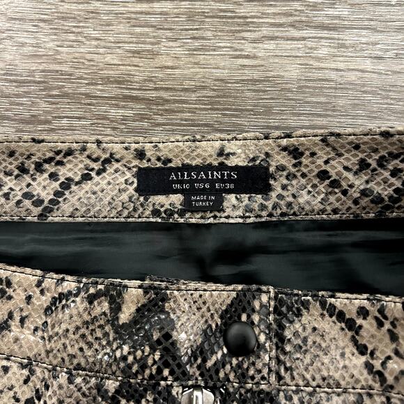 AllSaints Lena Oba Snake Embossed Leather Mini Skirt US 6 Faux Python Zip Front - Picture 9 of 15